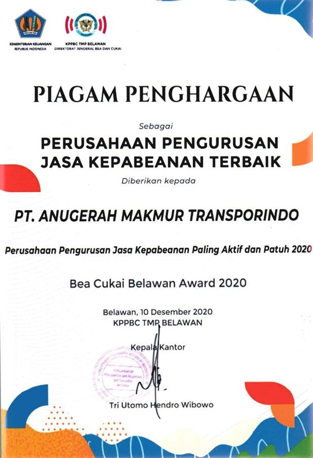 Piagam penghargaan Perusahaan Pengurusan Jasa Kepabeanan Terbaik tahun 2020